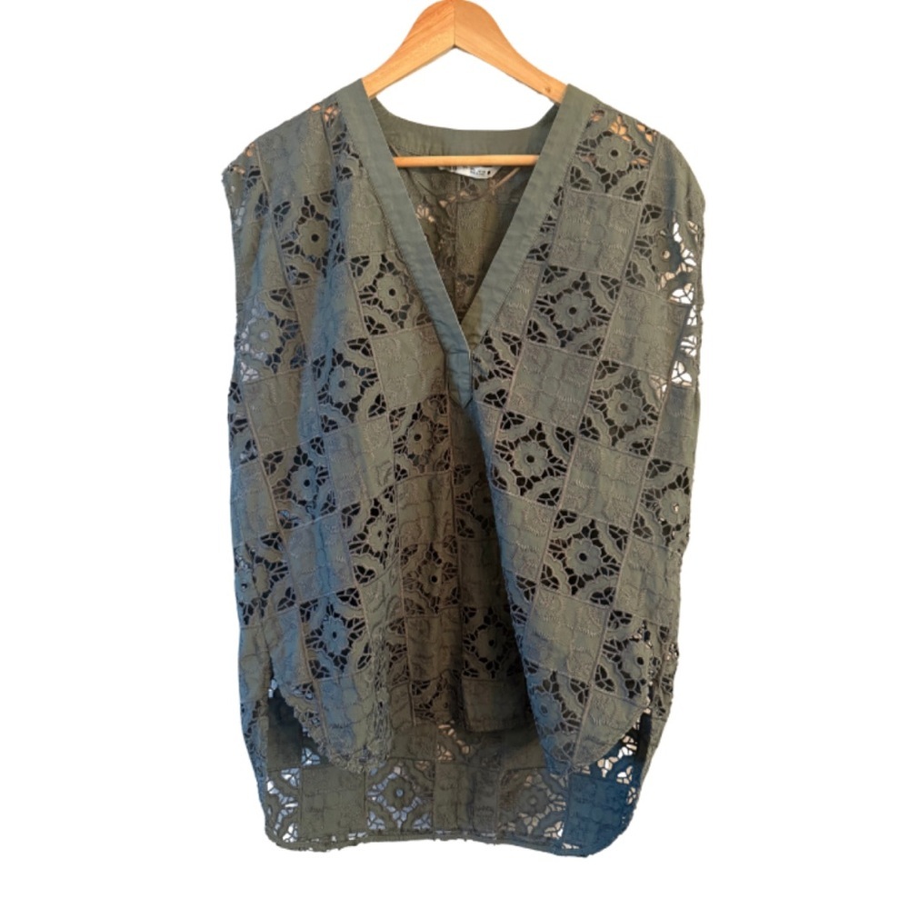 Zara Open Work Embroidered Tunic Blouse Large Khaki Green - Picture 2 of 7